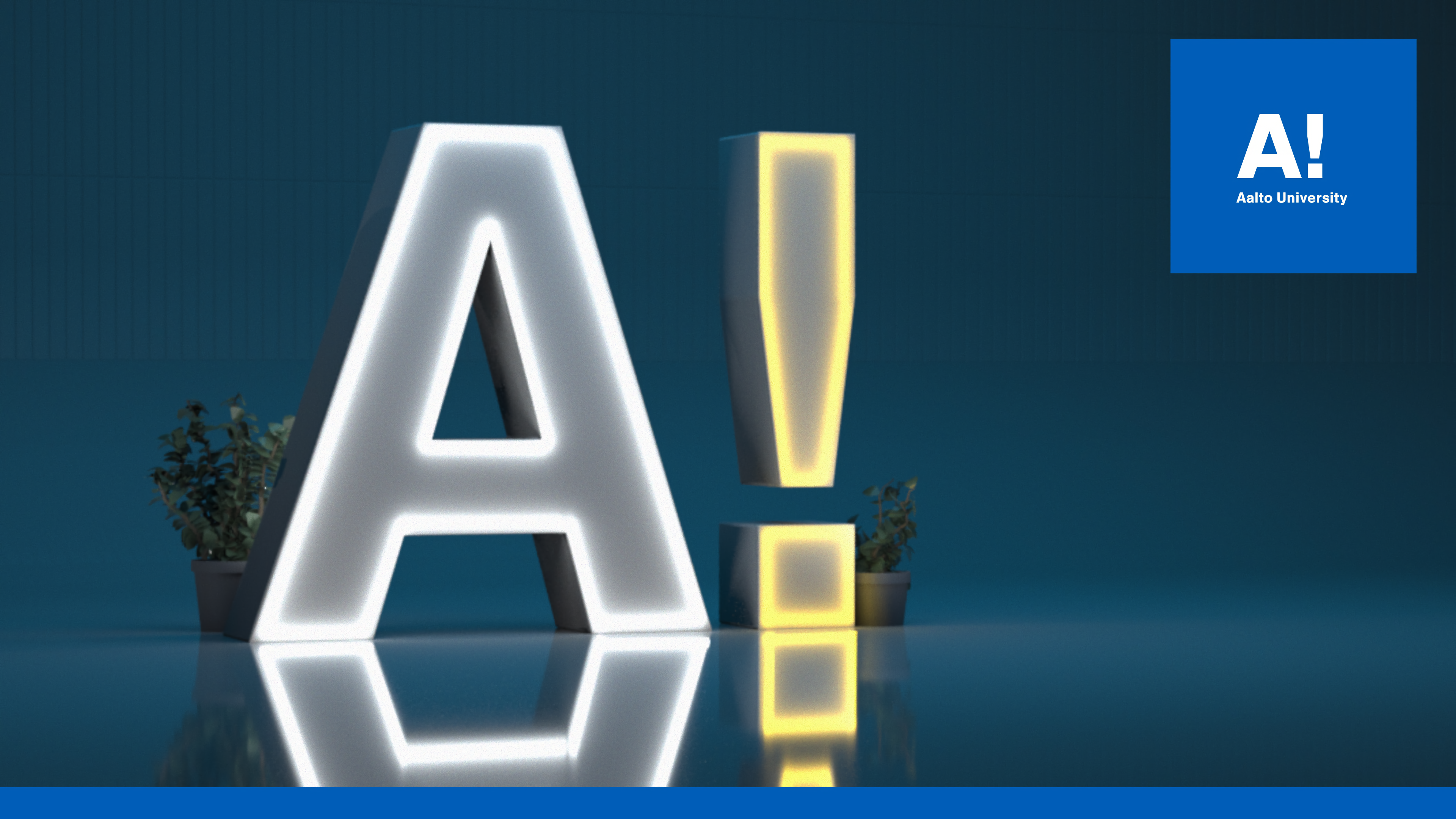 An Aalto University logo element lit up in a room